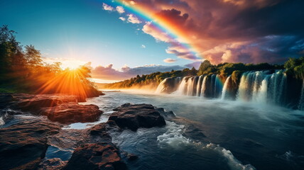 Wall Mural - beautiful rainbow on sea at  sunset sky  wild field and flowers  field nature landscape 