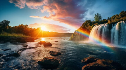Wall Mural - beautiful rainbow on sea at  sunset sky  wild field and flowers  field nature landscape 