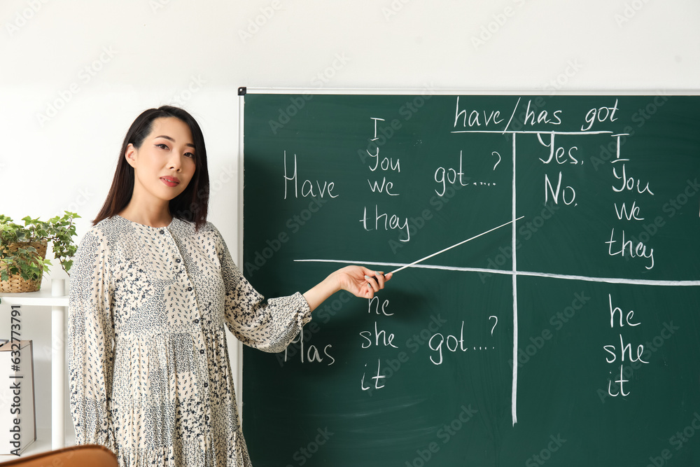 Female English teacher conducting grammar lesson in classroom