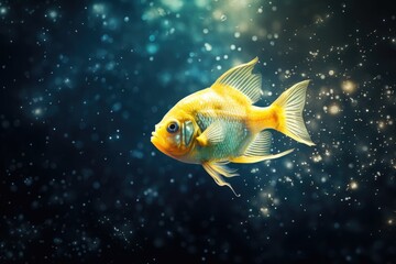 Wall Mural - A goldfish swimming in the water with bubbles. Digital image. Contaminated water, radioactive fish.