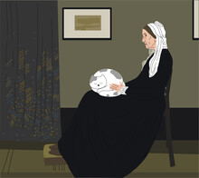 Whistler's Mother In Vector. Vector Illustration. An Elderly Woman Is Sitting On A Chair. Famous Picture. American Artist. Mother In Black Dress. Elderly Woman. Petting A Cat
