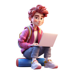 3d cute freelancer boy sitting and using laptop on his lap, 3d character render isolated on transparent background