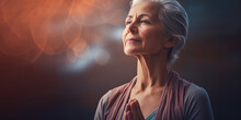 An Older, Mature And Friendly Elegant Woman Meditating And Doing Yoga With Calm And Serene Demeanor.