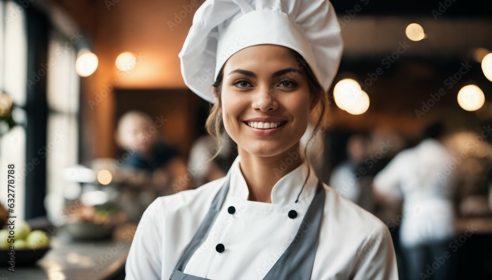 Smiling female chef posing at her restaurant Stock Photo | Adobe Stock