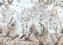 Pattern Wallpaper With White Peacock Birds With Trees Plants And Birds In A Vintage Style Landscape Blue Sky Background