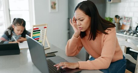 Aufkleber - Laptop, stress and woman and girl for remote work, studying or online education in kitchen. Family, phone call and busy mother working from home on computer and child on tablet for internet learning