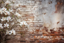 Magnolia Flowers Growing Along An Exposed Brick Wall With Remnants Of Stucco Plaster