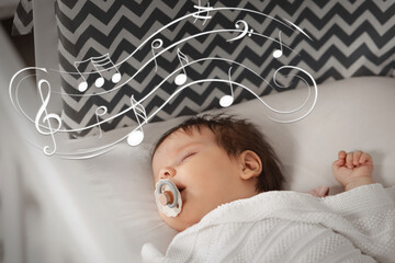 Poster - Lullaby songs. Cute little baby sleeping at home. Illustration of flying music notes over child