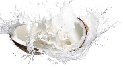 Wall Mural - splashing coconut milk frozen in an abstract futuristic 3d texture isolated on a transparent background, generative ai