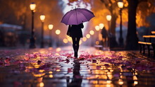Evening Wet Street Asphalt With Puddle Blurred City Colorful Neon Light  ,autumn Leaves ,and People Walk With Umbrellas