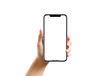 © Yuliia - in hand a smartphone with a blank screen on a transparent background, a mockup of a phone in a female hand on a blank background, a clipart of a phone with a transparent screen on a white background