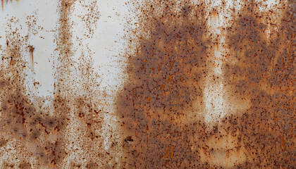 brown grainy rust texture on white metallic background with space for design. panoramic image of a metal wall with cracks, scratches and stained.