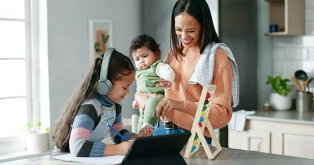 Wall Mural - Home school, high five with mom and child in kitchen with tablet, headphones and success in learning. Elearning, studying and celebration, mother and daughter with homework for online class project.