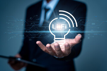 Businessmen showing Li-Fi technology as a new modern wireless internet network Use a high-speed connection For fast work, save time, increase work efficiency. for driving business in the online world