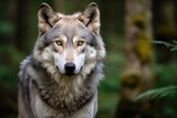 Portrait of a wolf in a forest. The wolf is facing the camera and has a neutral expression. The wolf has a gray and white coat with a black nose and yellow eyes