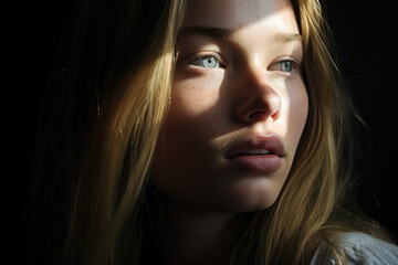 Wall Mural - Woman looking to the right with natural light shining on her face