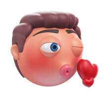 Emoji Face Blowing A Kiss Of Funny Man. Cartoon Smiley On Transparent Background. 3D Render Left View