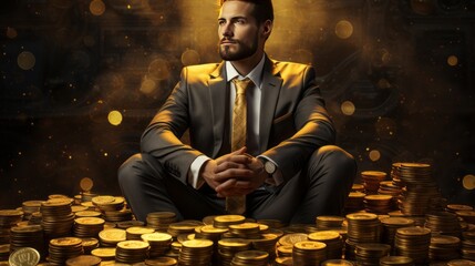 A businessman with golden coins, poster with copy space Fictional Person Generative AI