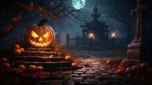 Happy Halloween Celebration Pumpkin And Dark Castle With  Graveyard. Full Moon Spooky Night Mysterious Forest Darkness Scene Background. Generative AI