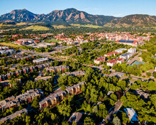 University Of Colorado At Boulder Campus With The Flatirons Behind From Above