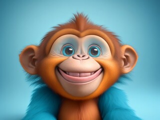 Wall Mural - Realistic 3d render of a happy, furry and cute baby 
golila smilling with big eyes looking straight at you, 32k, full body shot with a light blue background