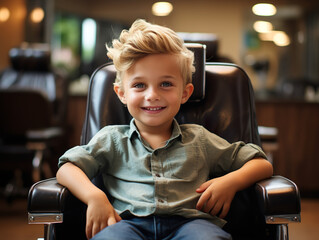 Canvas Print - In a children's haircut salon, a little blonde boy sits comfortably and smiles after a stylish makeover. Children's haircut. Generative AI