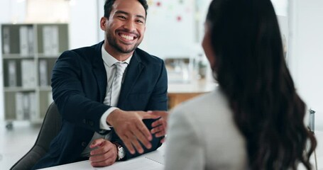 Wall Mural - Smile, meeting and business people with a handshake in an interview for recruitment, deal or welcome. Happy, thank you and a human resources employee shaking hands with a worker for onboarding