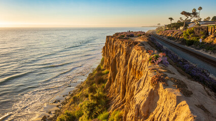 Wall Mural - Sunset at the Del Mar beach and cliff