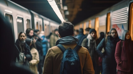 man from behind standing at busy subway with blurry people around. public transport people travel co