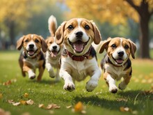 Energetic Beagle Running Amidst Lush Plants, Showcasing Joy And Animal Companionship. Generative AI