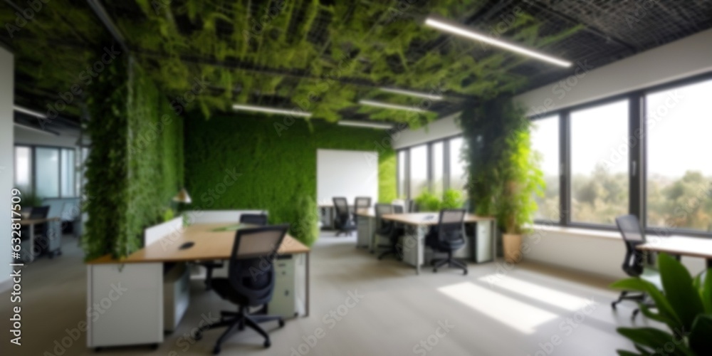 Blurred sustainable green office interior, future sustainable business ...