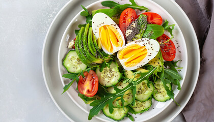 Wall Mural - Tasty and healthy salad made of avocado, eggs, tomato, cucumber, cheese, arugula and chia seeds on a light plate. Top view. Flat lay. Banner.