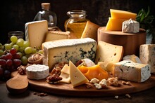 Assortment Of Cheese On Wooden Table, Closeup. Dairy Products. Cheese Selection. Large Assortment Of International Cheese Specialities.
