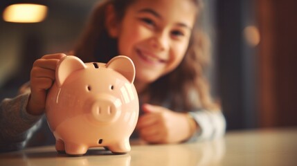 Close up piggybank standing on table with blurred happy girl on background. Friendly biracial family planning future investment or saving money.