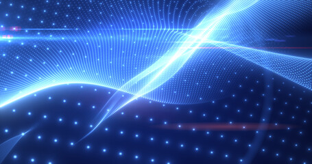 Blue glowing magic waves from energy particles abstract background
