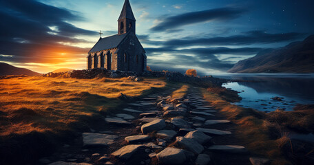 Wall Mural - Nighttime at the Old Stone Church: Historic Mystique