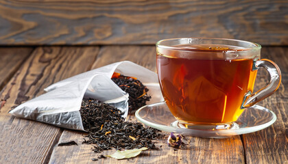 Wall Mural - Glass transparent cup of black tea and dry tea in bags on the background of scattered tea leaves on the old wooden background, selective focus