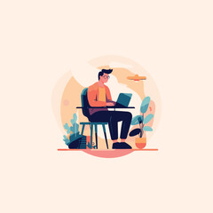 Wall Mural - man sitting in office working on laptop, vector illustration