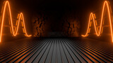 Fototapeta Fototapety przestrzenne i panoramiczne - Sci Fy neon glowing lines in a dark tunnel. Reflections on the floor and ceiling. 3d rendering image. Abstract glowing lines. Techology futuristic background.