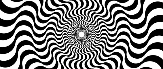 Poster - Optical illusion background. Black and white abstract distorted wavy lines surface. Radial waves poster design. Trippy sunburst illusion wallpaper. Vector horizontal hypnotic illustration