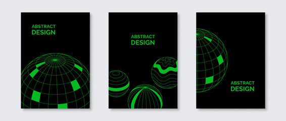Poster - Abstract futuristic poster designs with wireframe spheres. 3D grid circles with different patterns. Green neon globes template layout for flyer, presentation, banner, cover, background. Vector set