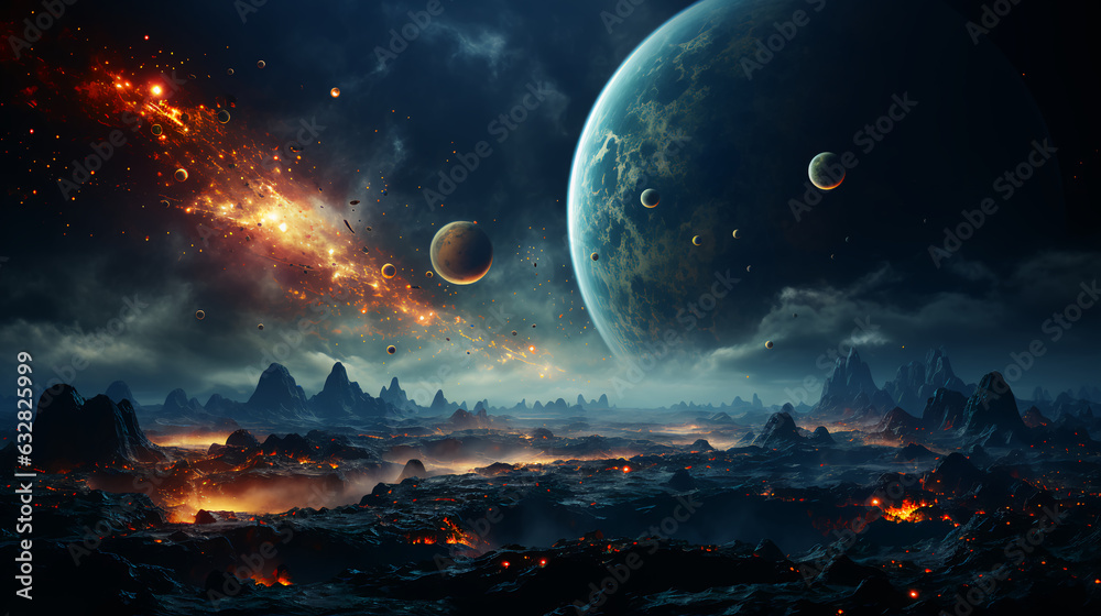 Space scene with futuristic planet surface and stars in open space with ...