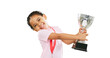 Girl, kid and trophy, celebration and champion with winner of competition isolated on png transparent background. Young female child in portrait, happiness and energy with success, award and winning