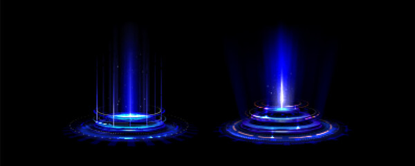Poster - Blue glowing neon game portal - realistic vector illustration of futuristic teleport podium for game ui concept. Magic or cyberpunk hologram port with flare and light circle effect for travel in space