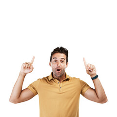 Poster - Portrait of happy man, surprise or pointing up to sale, retail offer or discount deal isolated on png background. Transparent, wow or excited person to show logo sign, news or menu choice promotion