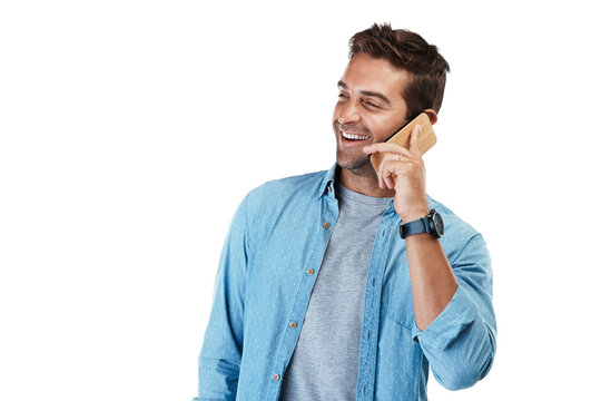 Network, phone call and man with a smile, conversation and model isolated on a transparent background. Internet, cellphone and guy with happiness, communication and contact with png and connection