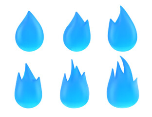 Poster - Cartoon set of blue water drops isolated on white background. Vector illustration of aqua splash droplets, raindrops, symbol of moisture and humidity, hydration icon, tear, morning dew blob, paint