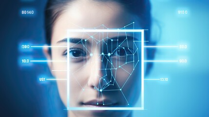 human face scrutinized with biometric analysis with a  facial recognition program, generative ai