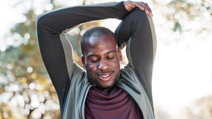 Canvas Print - Black man, stretching arms and fitness in park, start workout outdoor, health and wellness with pain in bicep. Exercise warm up, muscle and training in nature with runner, sun and physical therapy