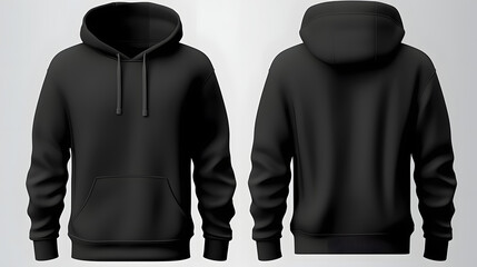 Set of Black front and back view tee hoodie hoody sweatshirt on transparent background cutout, PNG file. Mockup template for artwork graphic design